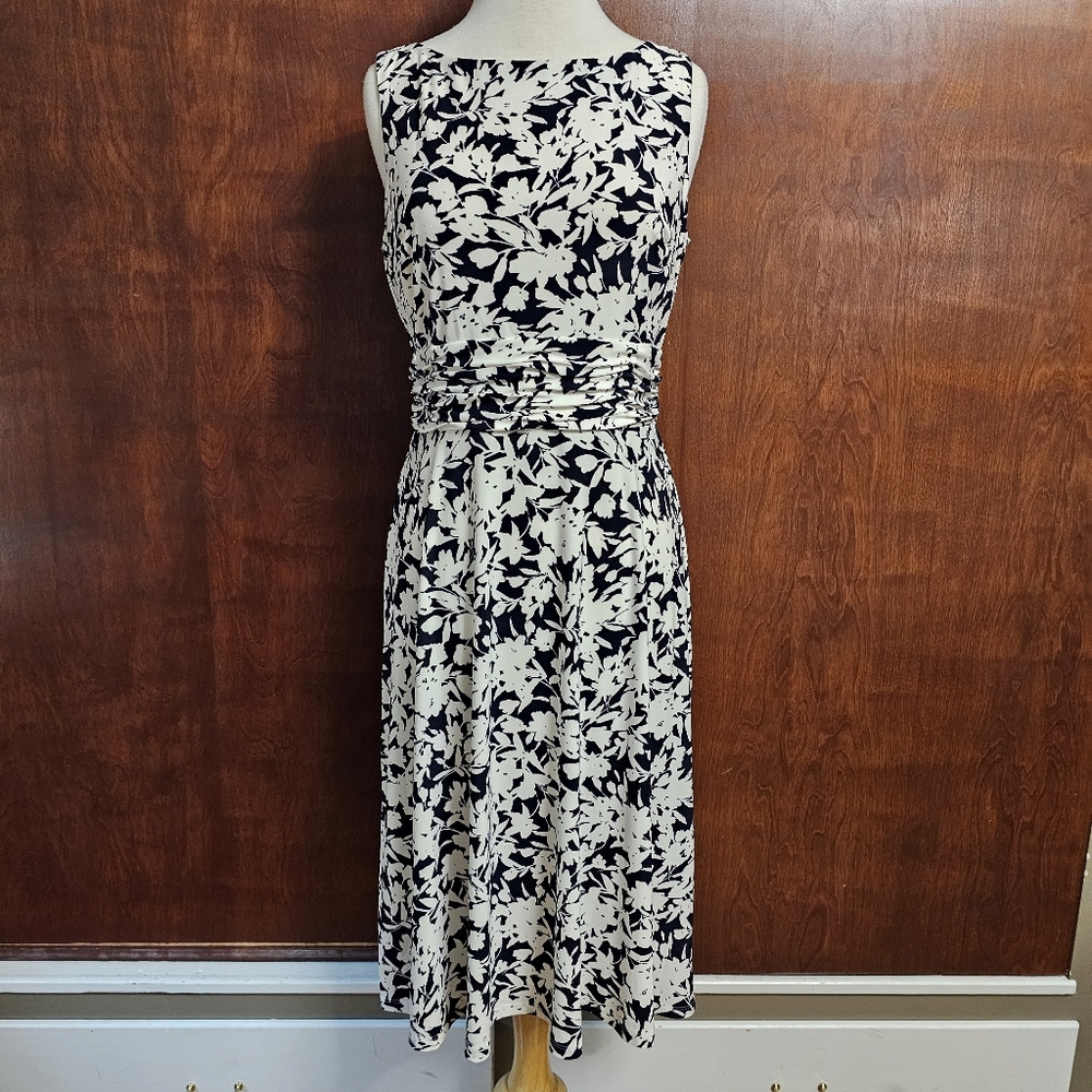 Chaps Navy and White Sheath Midi Dress Sleeveless Crew Neck